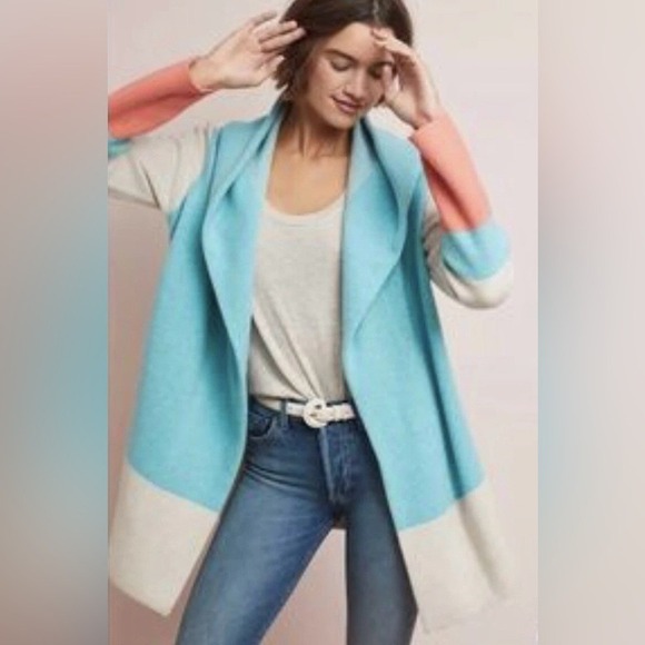 Anthropologie Field Flower Alpine Wool Sweater Cardigan Duster Coat Colorblock M - Picture 3 of 9